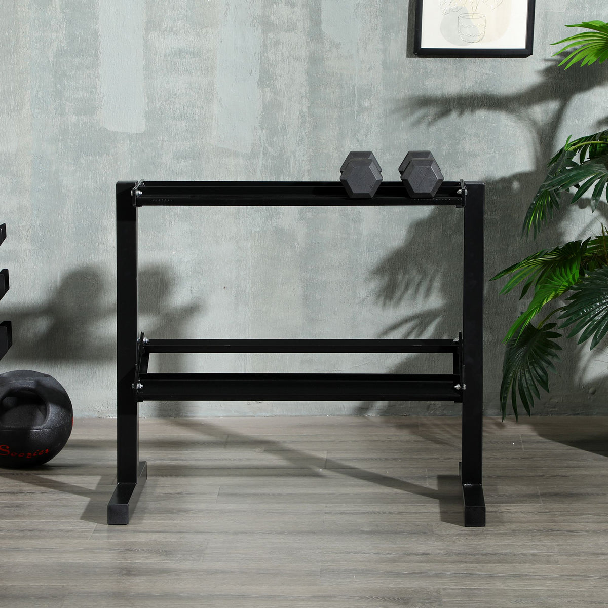 Porta Pesi con 2 Ripiani in Acciaio per Palestra, Casa e Ufficio, 94x52.5x82cm, Nero