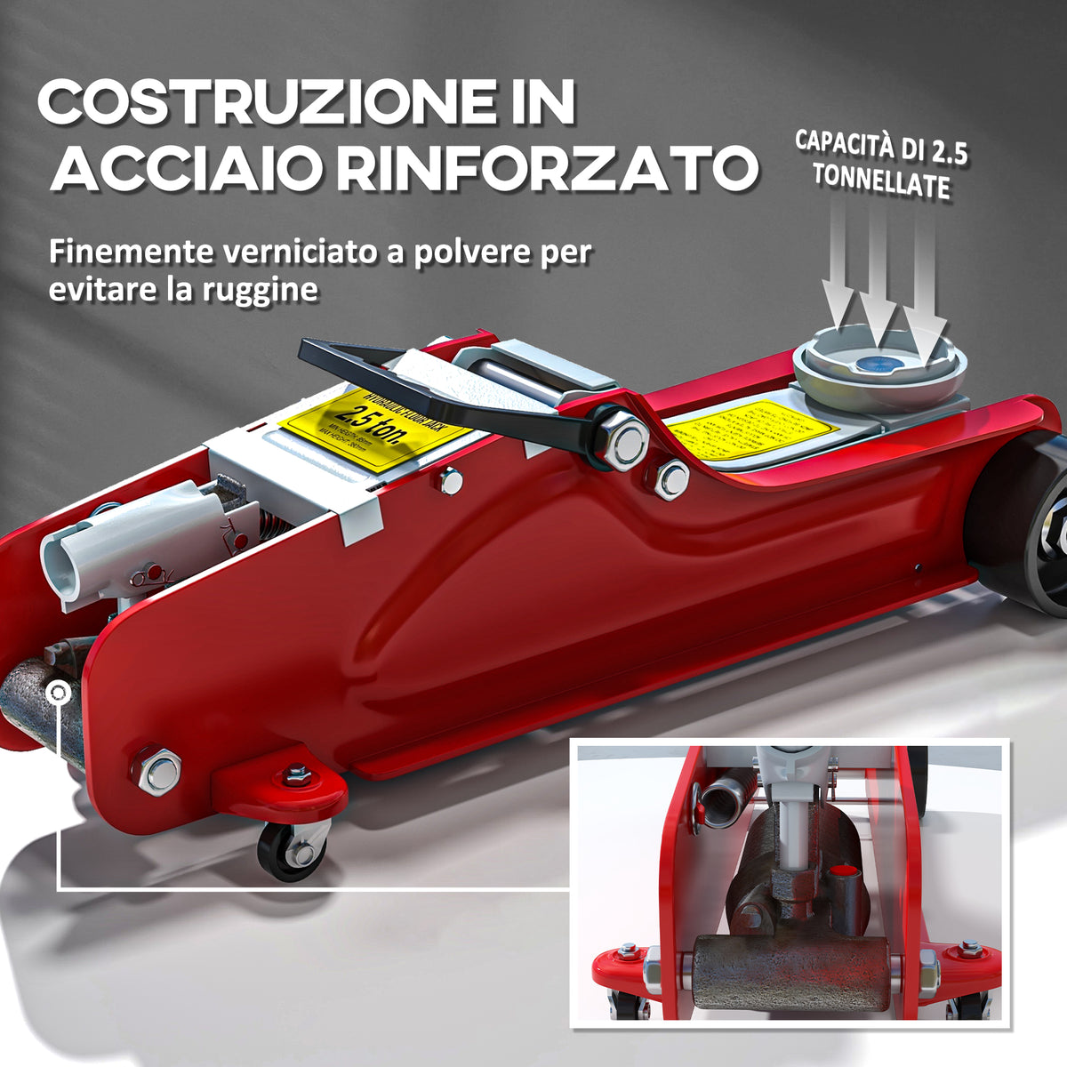 Cric Idraulico Basso con Sollevamento 8-38cm, Acciaio Rinforzato con Capacità 2.5 Tonnellate, Rosso