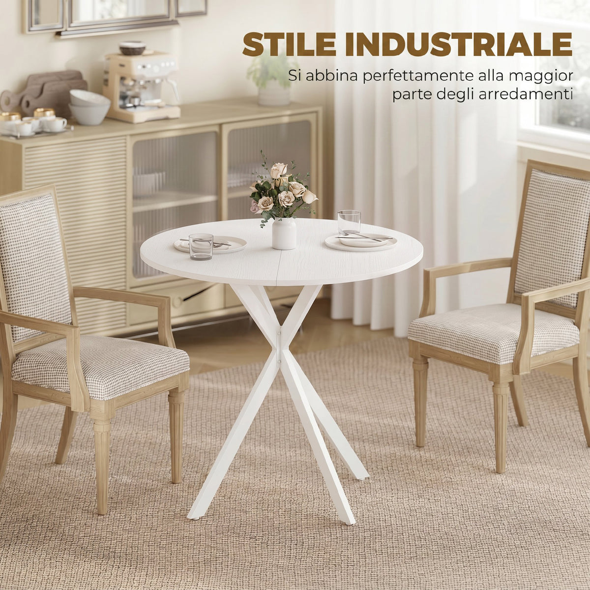 Tavolo da Pranzo Rotondo Stile Industriale con Gambe a Croce in Acciaio, 80x75 cm, Bianco
