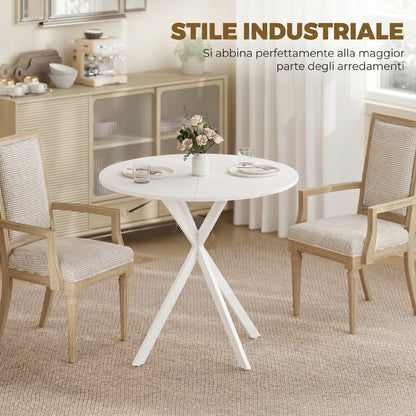 Tavolo da Pranzo Rotondo Stile Industriale con Gambe a Croce in Acciaio, 80x75 cm, Bianco