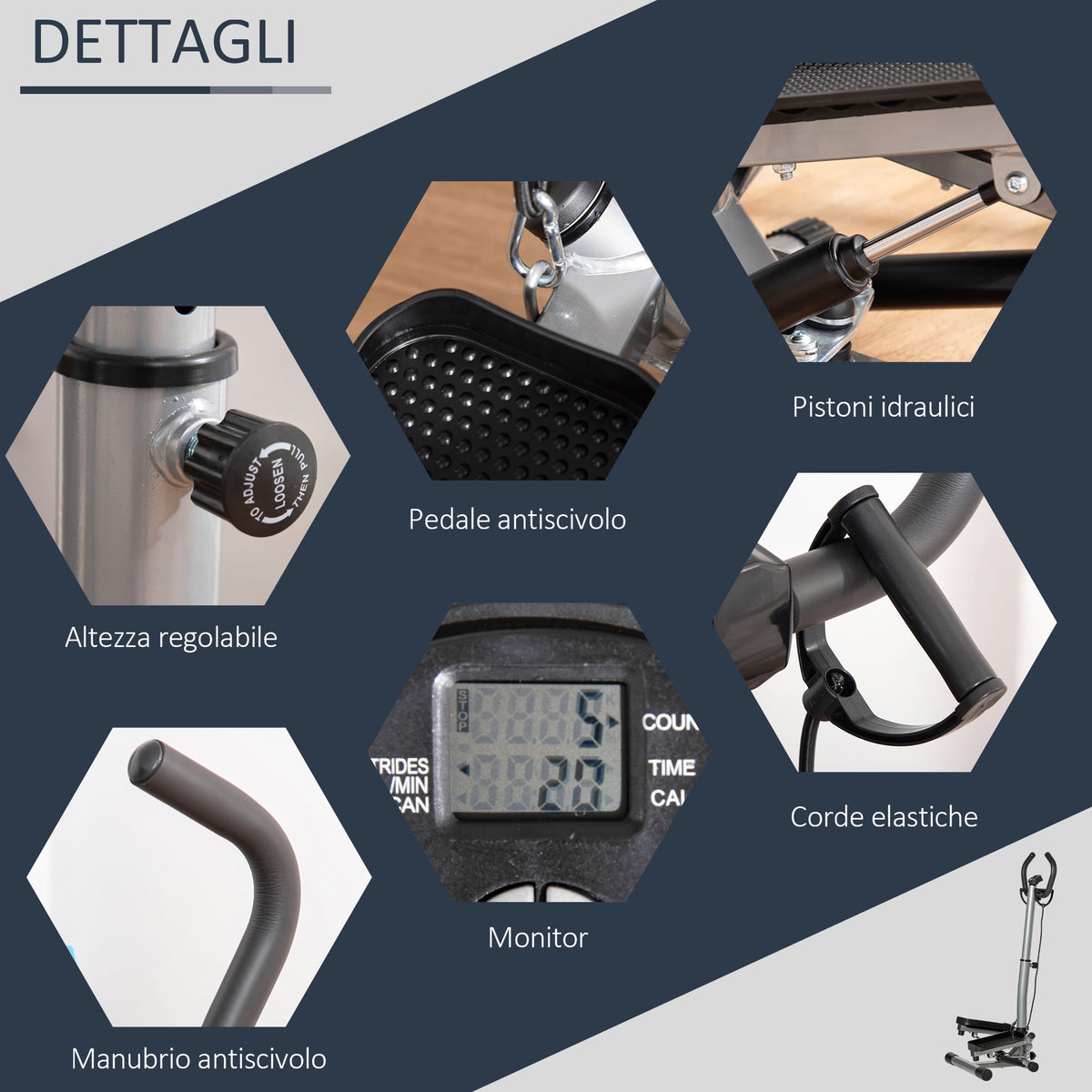 Stepper con Manubrio Regolabile, Monitor LCD ed Elastici, 55x53x118-128cm, Nero