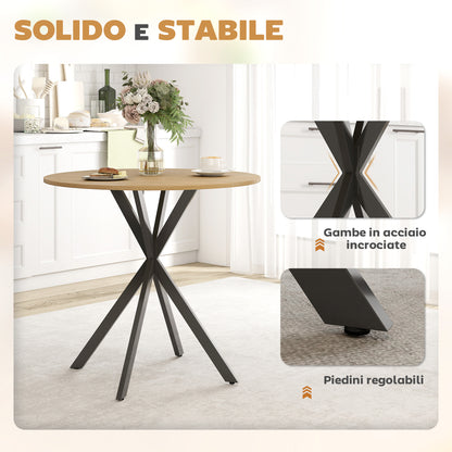 Tavolo da Pranzo Rotondo Stile Industriale con Gambe a Croce in Acciaio, 80x75 cm, Colore Quercia