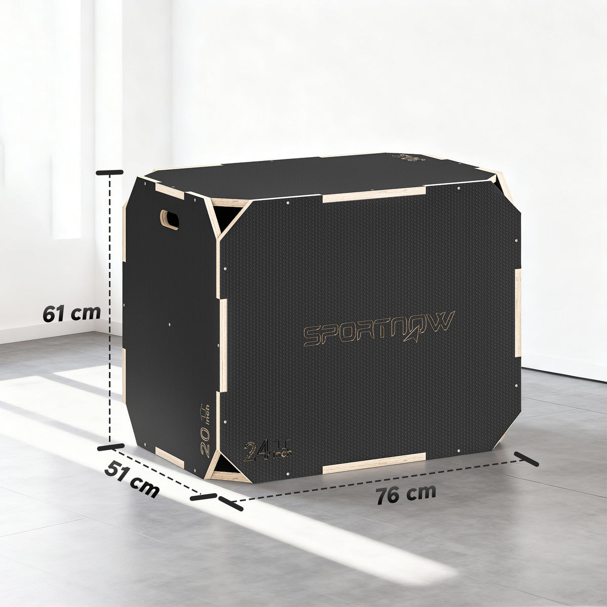 Plyo Box in Legno 3 in 1, Box Pliometrico per Salti Antiscivolo con Maniglie per Allenamento in Casa Palestra, 76x61x51 cm, Nero