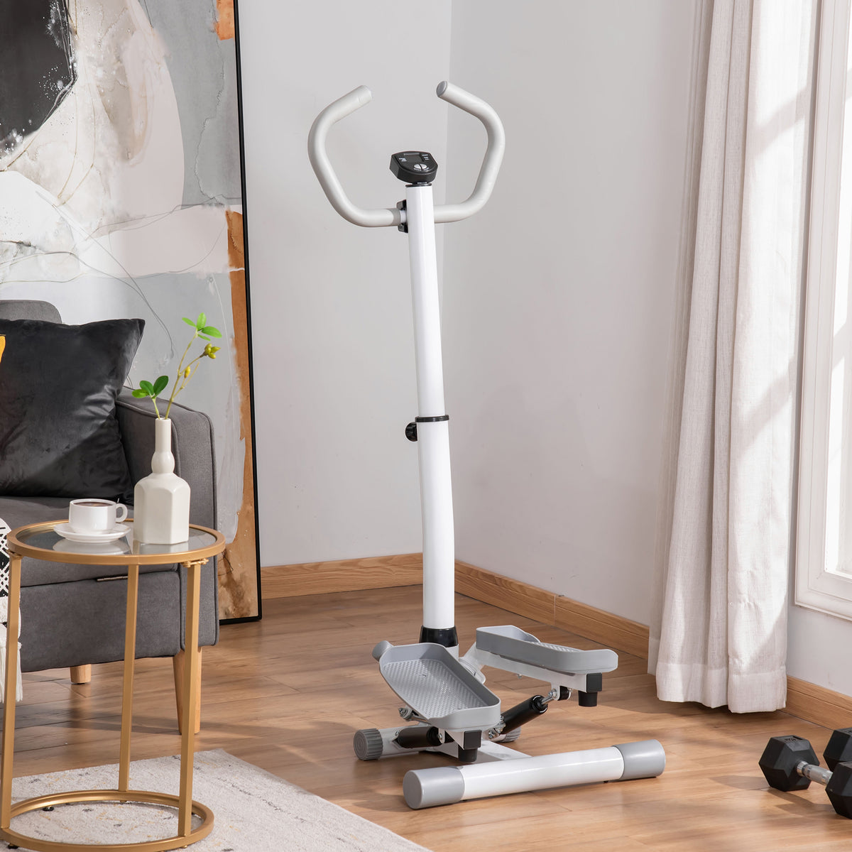 Stepper con Monitor LCD, Manubrio Regolabile ed Elastici, in Acciaio e ABS, Bianco e Grigio