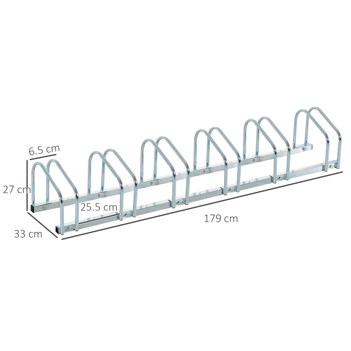 Rastrelliera Portabiciclette Parcheggio per 6 Biciclette in Acciaio, 179x33x27 cm, Argento