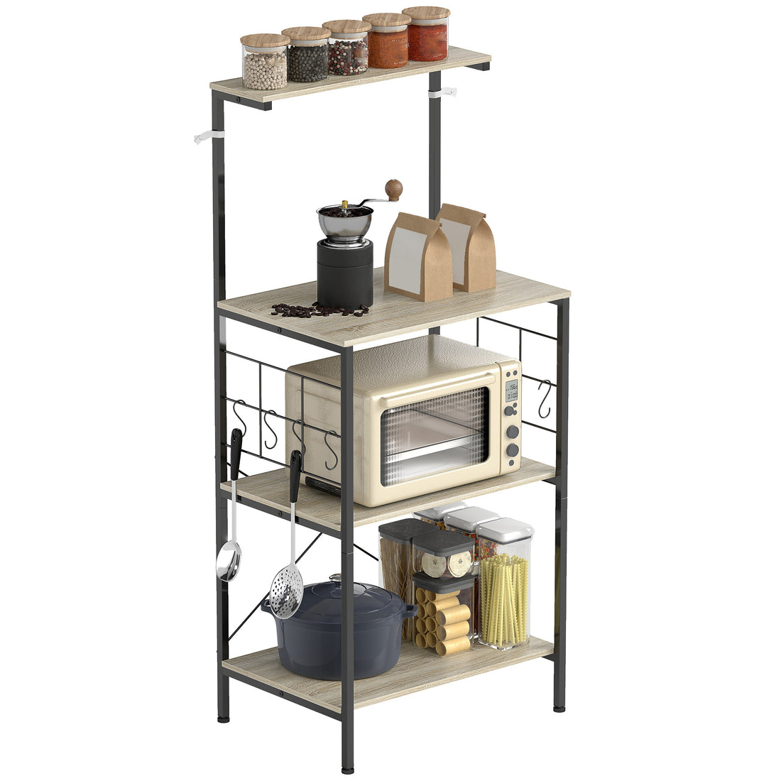 Scaffale Cucina a 4 Livelli con Pannelli a Rete e 8 Ganci Stile Industriale, 60x42x134.5 cm, Rovere