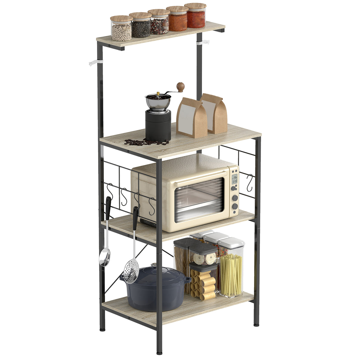 Scaffale Cucina a 4 Livelli con Pannelli a Rete e 8 Ganci Stile Industriale, 60x42x134.5 cm, Rovere