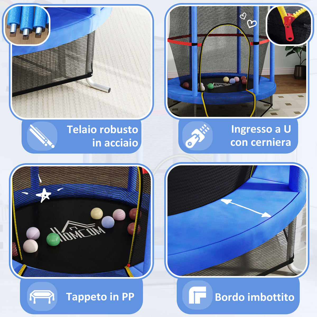 Tappeto Elastico per Bambini 3-6 Anni con Rete di Protezione, 6 Colonne e 3 Ingressi, 140x190 cm, Blu e Nero