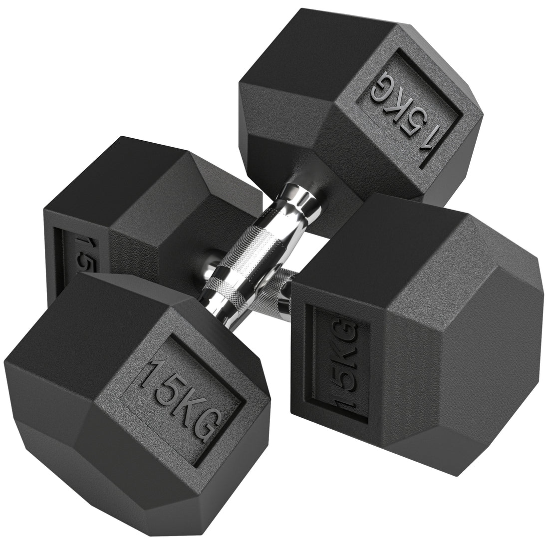 Set 2 Manubri Fitness da 15 kg Esagonali con Impugnatura Antiscivolo, in Acciaio e Gomma, 15.5 x 33.6 cm, Nero