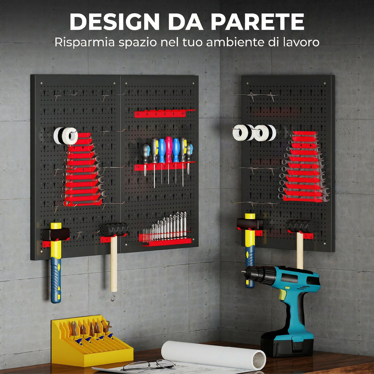 Set 3 Pannelli Porta Attrezzi da Parete in Acciaio con 9 Supporti e 16 Ganci, Nero e Rosso