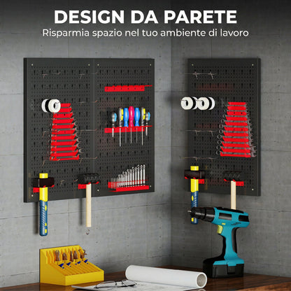 Set 3 Pannelli Porta Attrezzi da Parete in Acciaio con 9 Supporti e 16 Ganci, Nero e Rosso