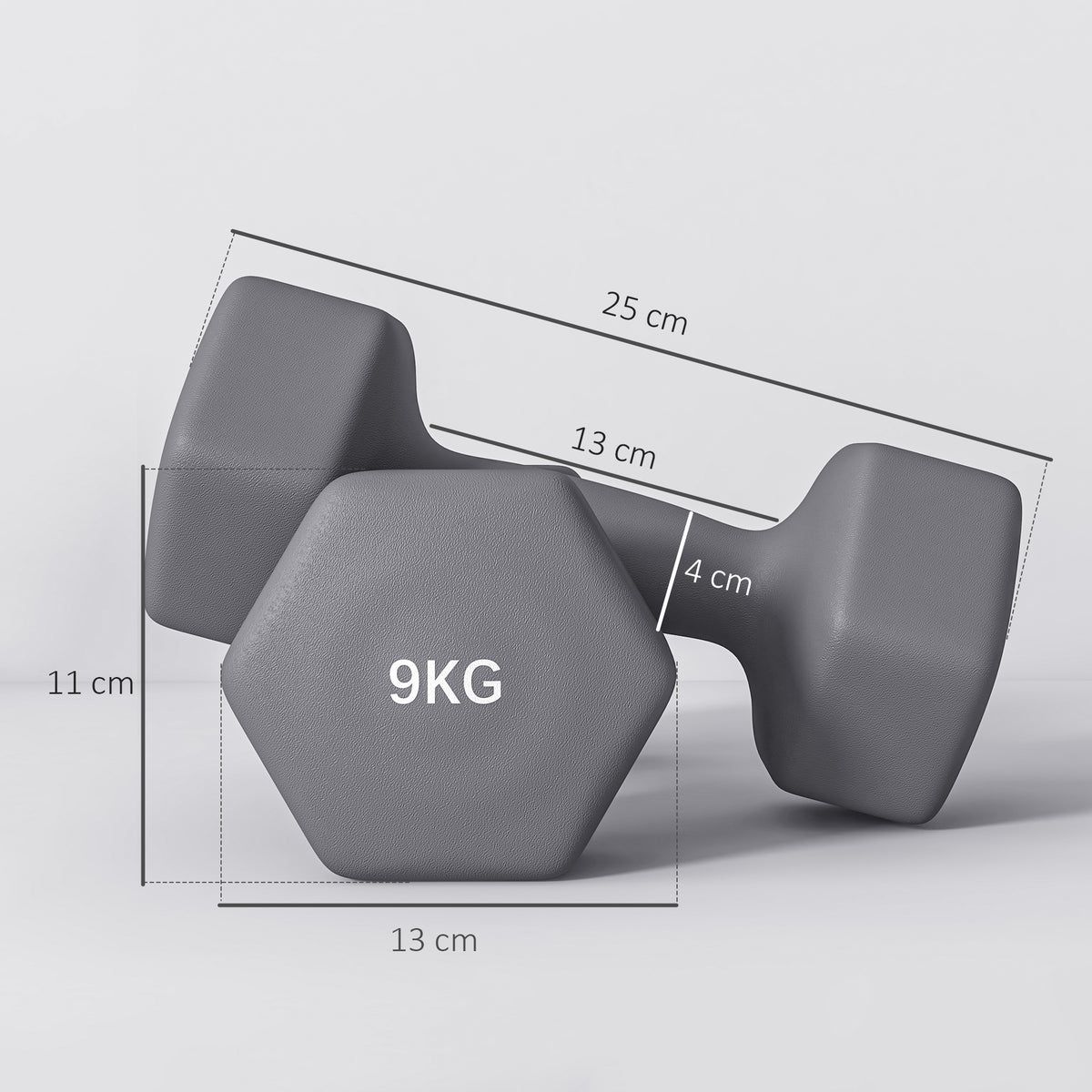 Set 2 Manubri Esagonali da 9 kg in Metallo e Plastica con Impugnatura Antiscivolo, 25x11x11cm, Grigio