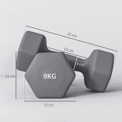 Set 2 Manubri Esagonali da 9 kg in Metallo e Plastica con Impugnatura Antiscivolo, 25x11x11cm, Grigio
