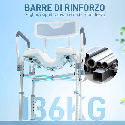 Sgabello da Doccia con Seduta Scanalata e Braccioli, Altezza Regolabile e Piedini Antiscivolo, Azzurro