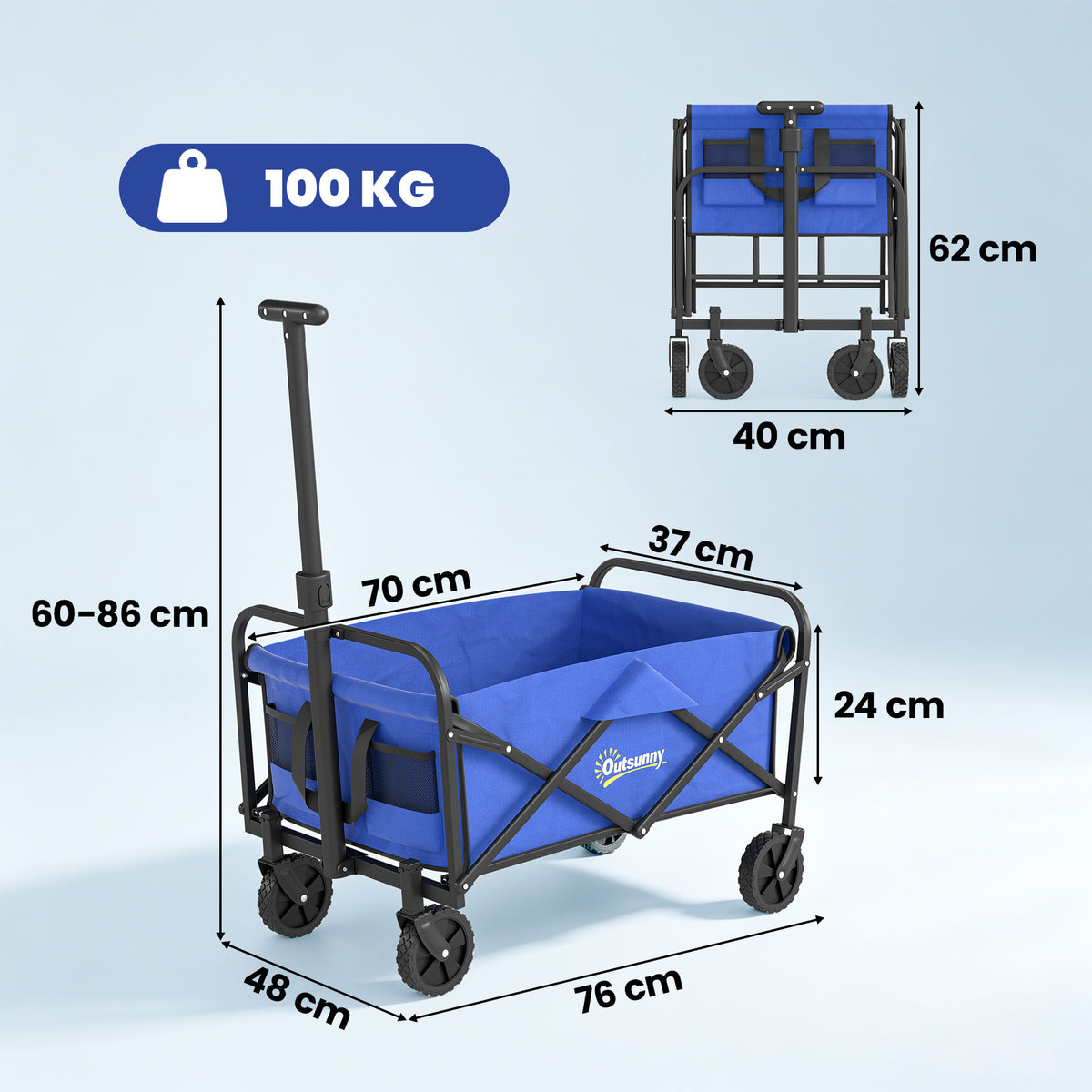 Carrello da Giardino 62L Pieghevole con Maniglia Regolabile, in Metallo e Tessuto Oxford, 76x48x86 cm, Blu