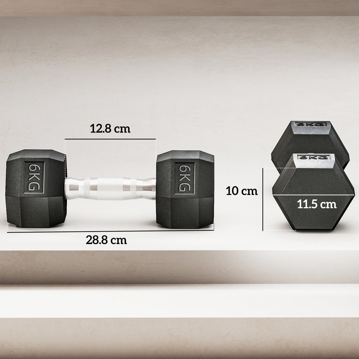 Set di 2 Manubri da 6 kg Esagonali con Presa Antiscivolo e Rivestimento in Gomma, Nero