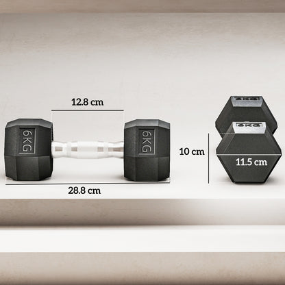 Set di 2 Manubri da 6 kg Esagonali con Presa Antiscivolo e Rivestimento in Gomma, Nero