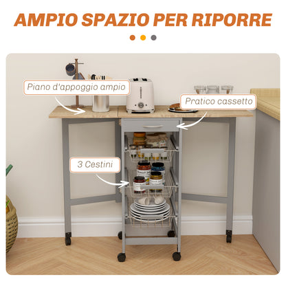 Carrello da Cucina con 3 Cestini, Cassetto e 2 Ribalte, in Legno e Metallo, 37x37x77.5 cm, Grigio e Rovere