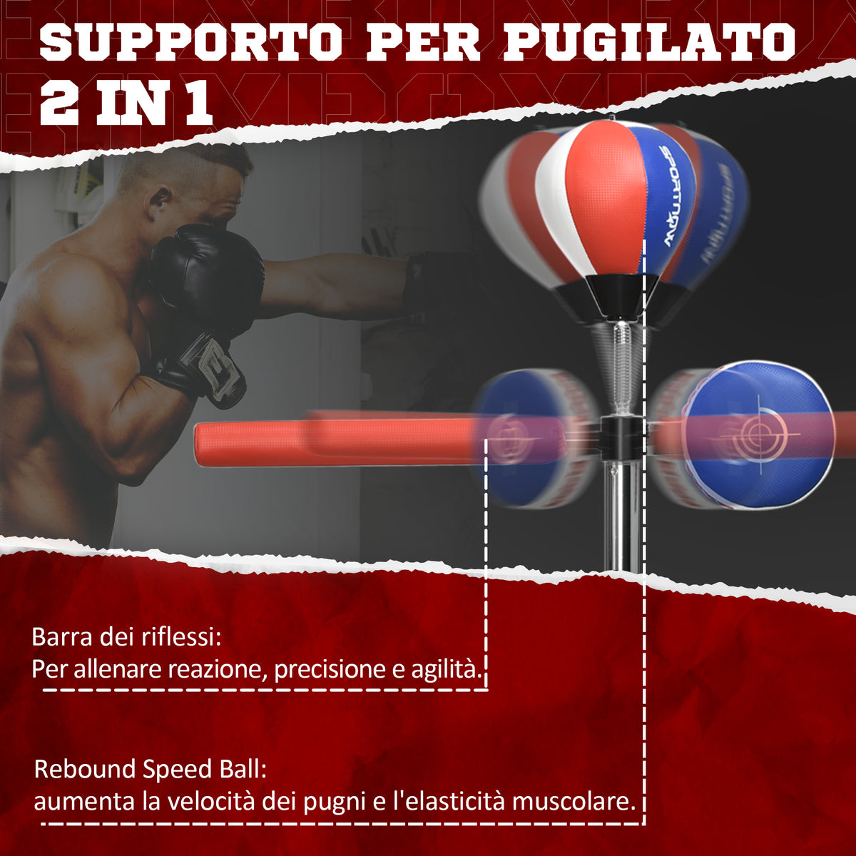 Sacco Boxe da Terra con Barra Girevole, Speedball e Colpitore, in Acciaio, HDPE e PU, 80.5x48x163-205 cm