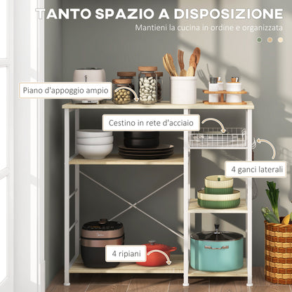 Mobile Cucina Moderno a 4 Ripiani con Cestino e Ganci in Legno e Acciaio, 90x40x84.5cm, Quercia e Bianco