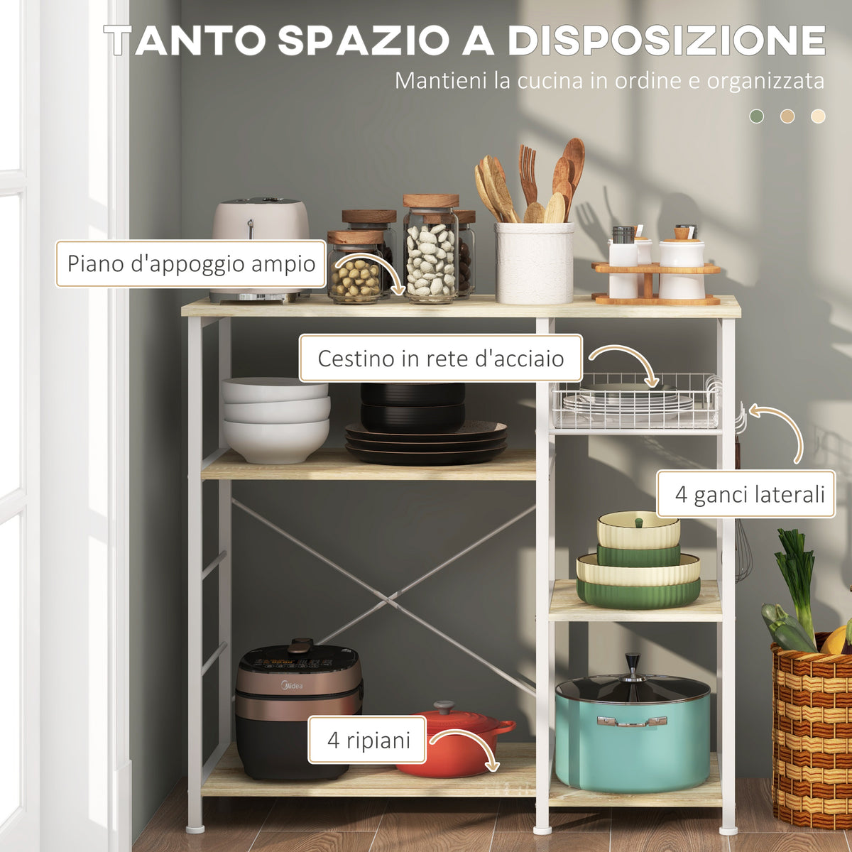 Mobile Cucina Moderno a 4 Ripiani con Cestino e Ganci in Legno e Acciaio, 90x40x84.5cm, Quercia e Bianco