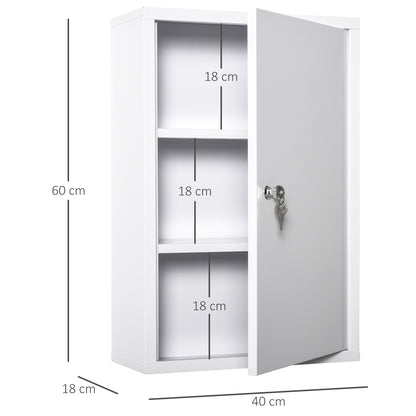 Armadietto Medicinali a 3 Livelli in Acciaio con 2 Chiavi e Montaggio a Parete, 40x18x60 cm, Bianco