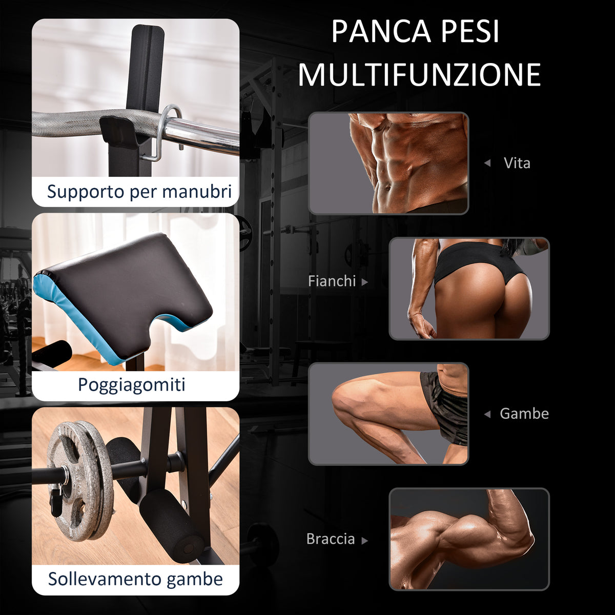 Panca Multifunzione con Supporto Bilanciere e Schienale Regolabile, in Acciaio e PU, 155x56.5x120 cm, Nero e Blu