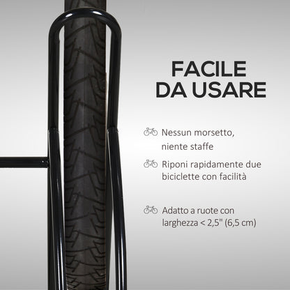 Rastrelliera da Terra per 2 Biciclette con Pneumatici fino 6.5 cm, Telaio Orientabile in Acciaio Nero, 60x54x57cm