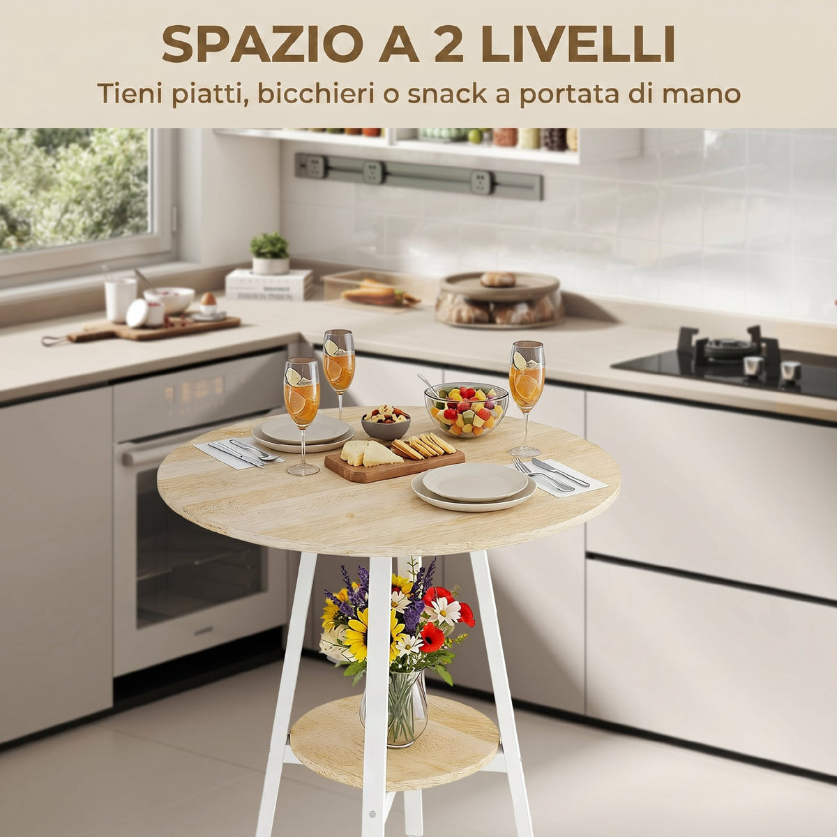 Tavolo Alto Rotondo con Mensola, Tavolo Moderno per Cucina o Sala da Pranzo, per 2 Persone, Naturale e Bianco