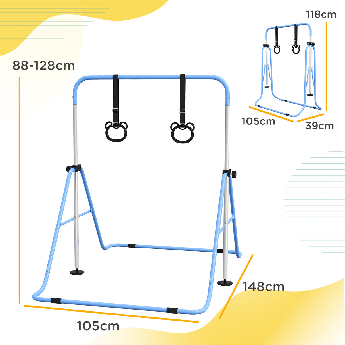 Sbarra Ginnastica Artistica per Bambini ad Altezza Regolabile con 2 Anelli, in Acciaio, 148x105x88-128 cm, Blu