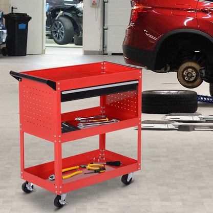 Carrello Porta Attrezzi con Manico, Cassetto e 3 Ripiani, in Lamiera di Acciaio, 82x35x76 cm, Rosso