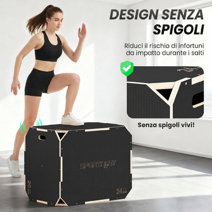 Plyo Box in Legno 3 in 1, Box Pliometrico per Salti Antiscivolo con Maniglie per Allenamento in Casa Palestra, 76x61x51 cm, Nero