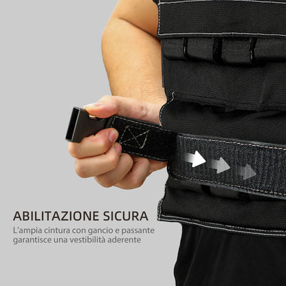 Gilet Zavorrato Regolabile 20kg con 20 Pesi, Gilet con Strisce Catarifrangenti, 50x40 cm, Nero