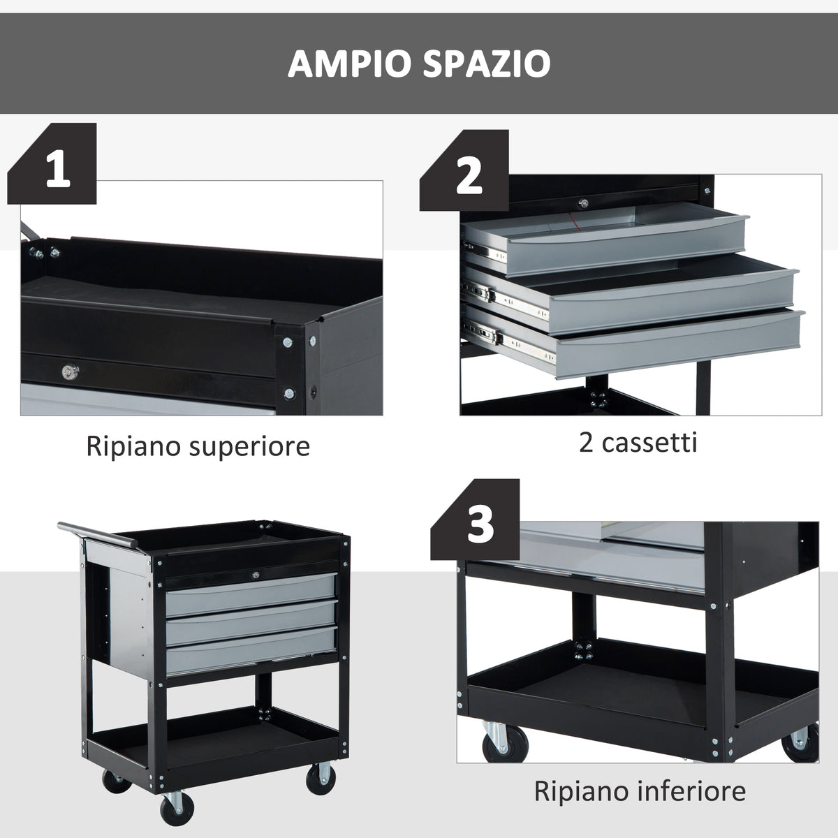 Carrello da Officina Professionale Cassettiera Portautensili in Lamiera, Nero, 68 x 46 x 88cm