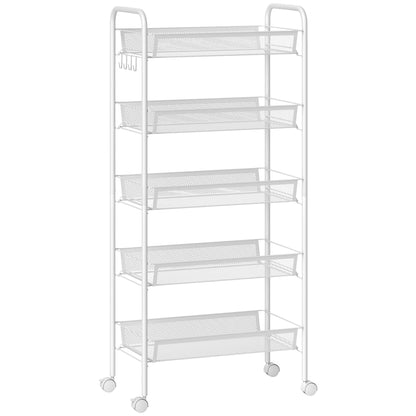 Carrello da Cucina Salvaspazio a 5 Livelli con Cestini a Rete in Acciaio, 45x26.5x106cm, Bianco