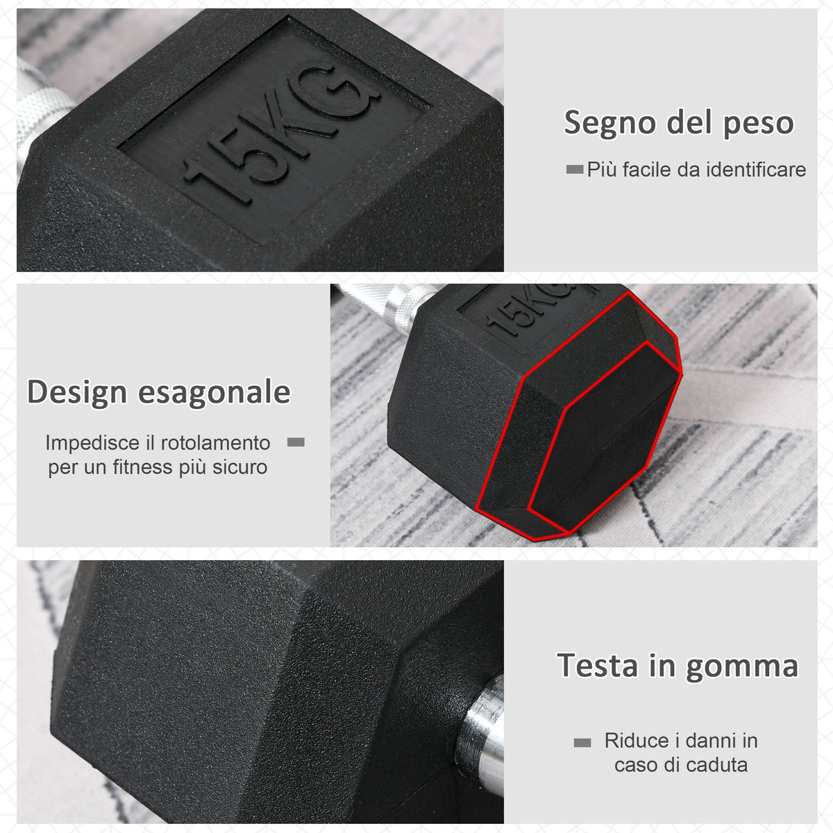 Manubrio 15 kg Esagonale con Impugnatura Antiscivolo, in Acciaio e Gomma, 15.5 x 33.6 cm, Nero