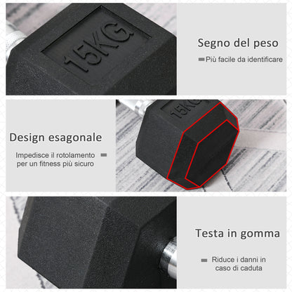 Manubrio 15 kg Esagonale con Impugnatura Antiscivolo, in Acciaio e Gomma, 15.5 x 33.6 cm, Nero