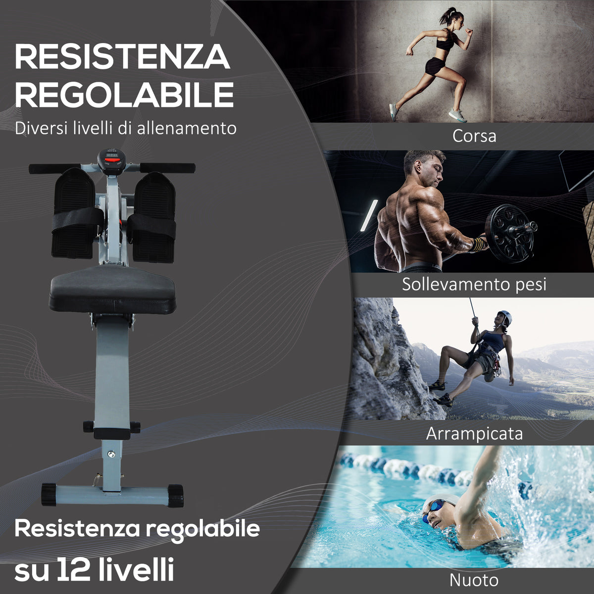 Vogatore Professionale a Tiraggio Centrale per Allenamento da Casa Salvaspazio con Display 130 x 47.5 x 67cm