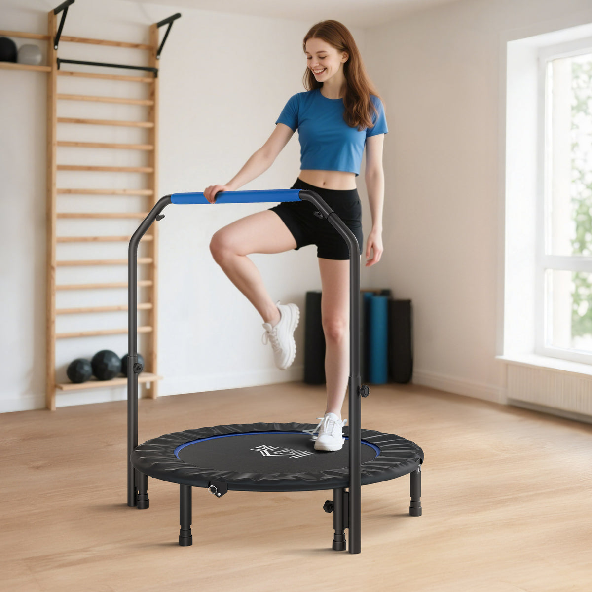 Mini Trampolino Fitness 114 cm Pieghevole con Manubrio Regolabile in Altezza, Blu e Nero