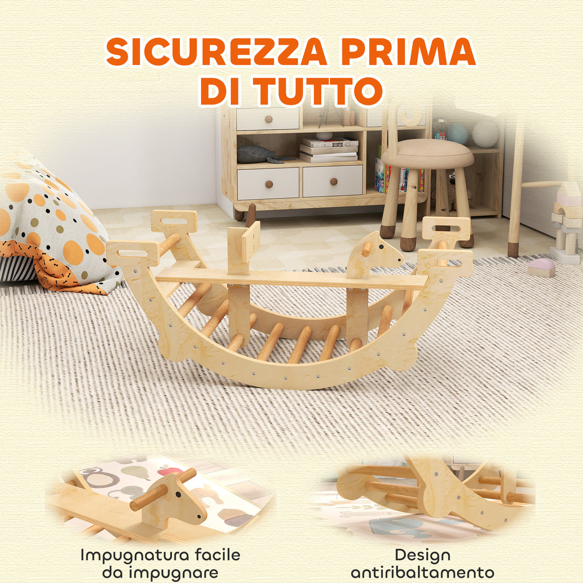 Arco Montessori in Legno per Bambini 2-4 Anni Convertibile in Dondolo 110x52x45 cm, color Legno