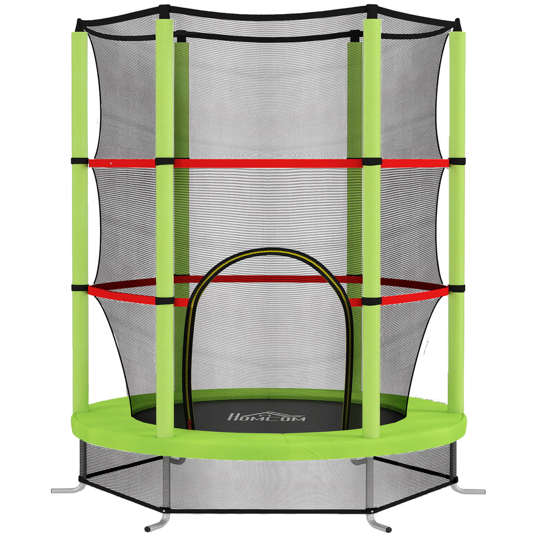 Tappeto Elastico per Bambini 3-6 Anni con Rete di Protezione, 6 Colonne e 3 Ingressi, 140x190 cm, Verde e Nero