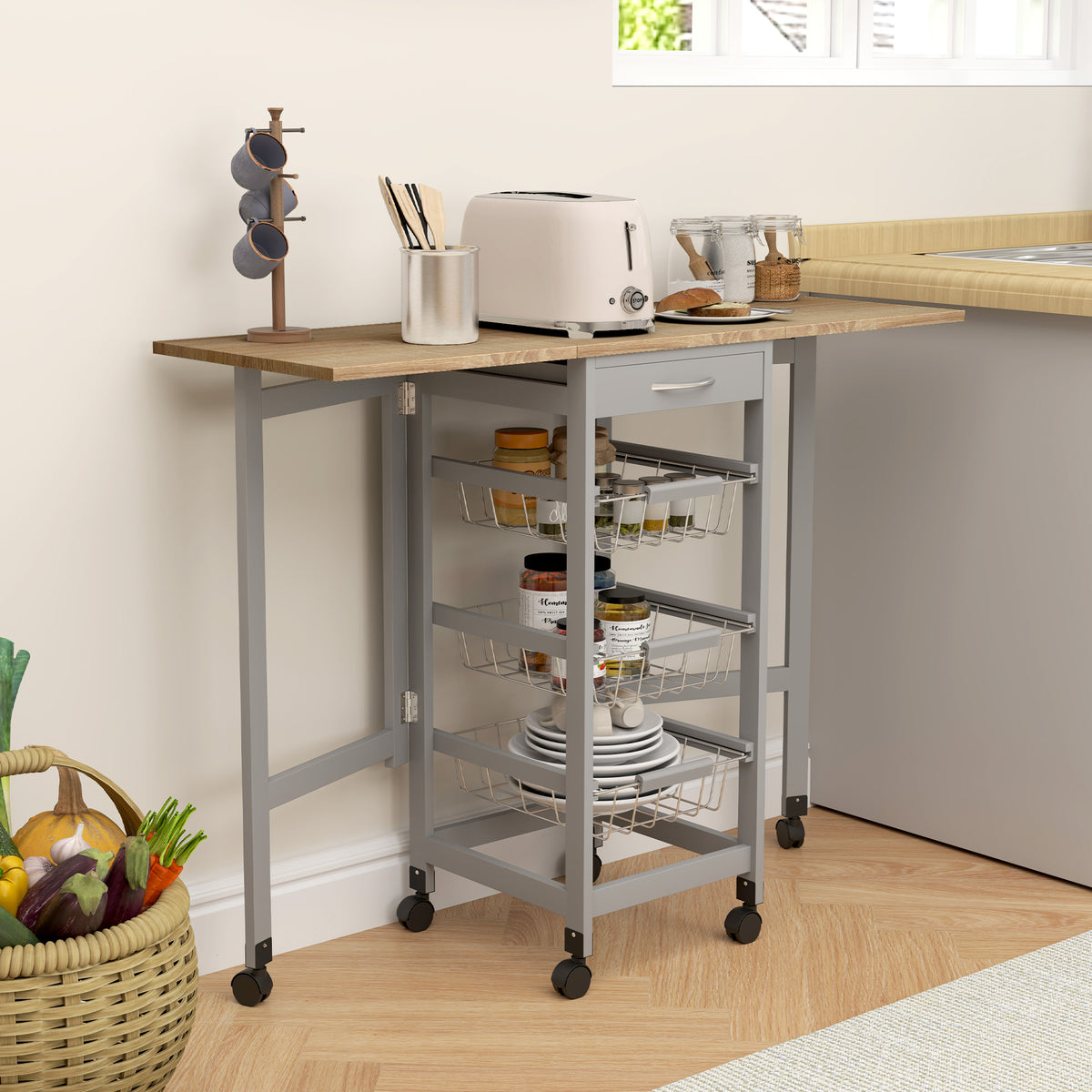 Carrello da Cucina con 3 Cestini, Cassetto e 2 Ribalte, in Legno e Metallo, 37x37x77.5 cm, Grigio e Rovere
