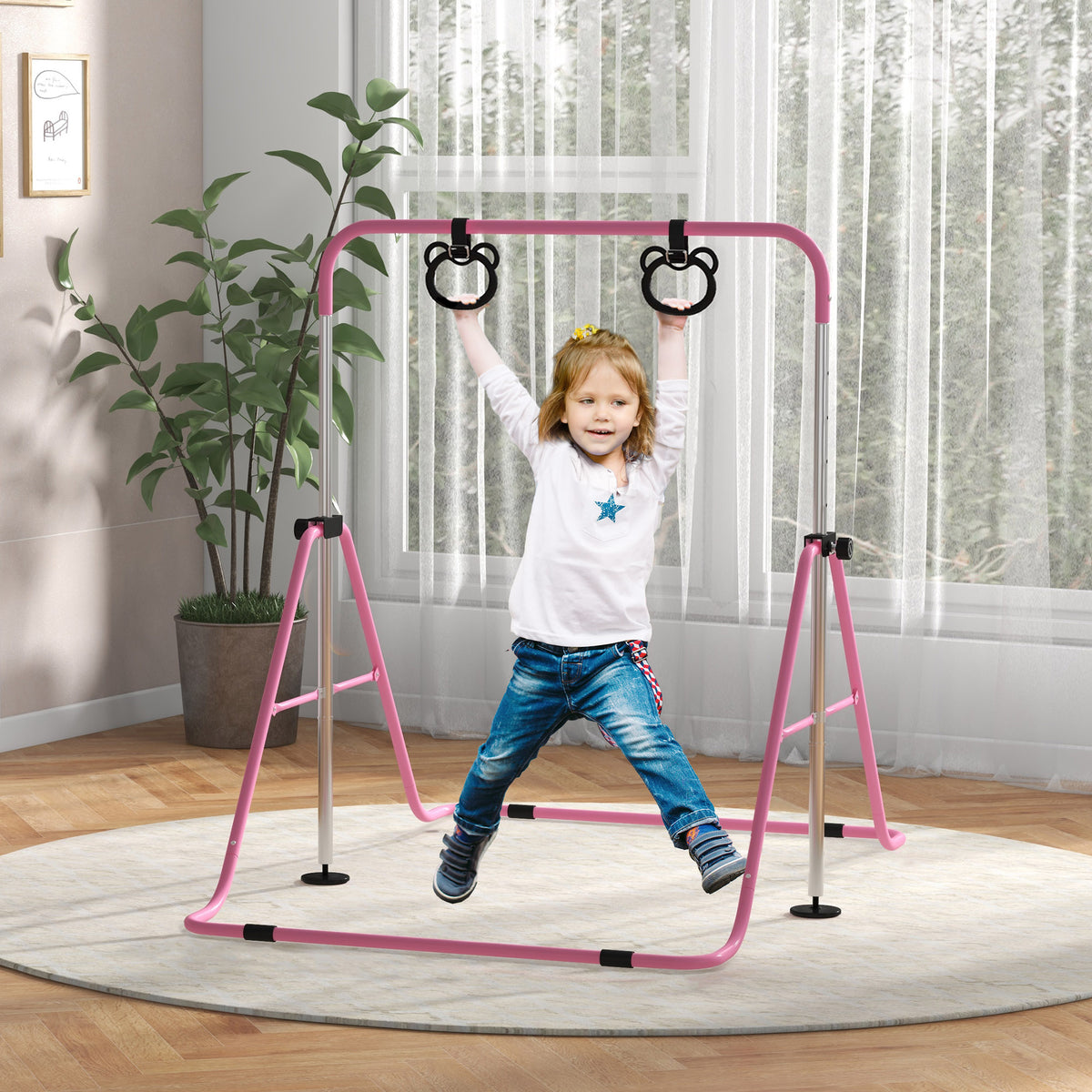 Sbarra Ginnastica Artistica per Bambini ad Altezza Regolabile con 2 Anelli, in Acciaio, 148x105x88-128 cm, Rosa