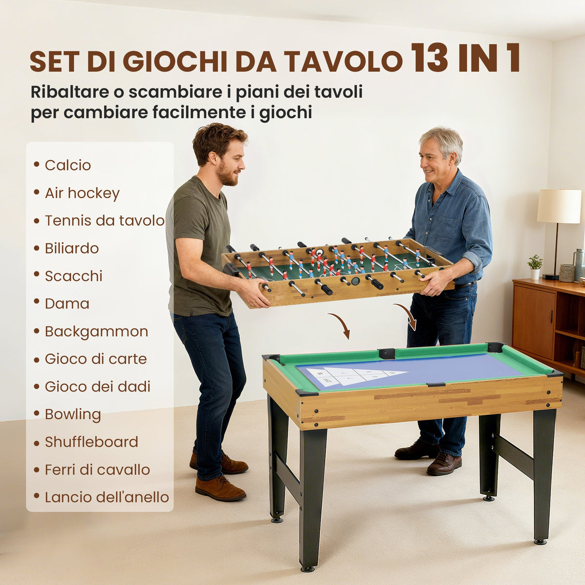 Tavolo da Gioco 13 in 1 con Calciobalilla, Ping Pong, Air Hockey, Biliardo, Scacchi e Altri, Noce
