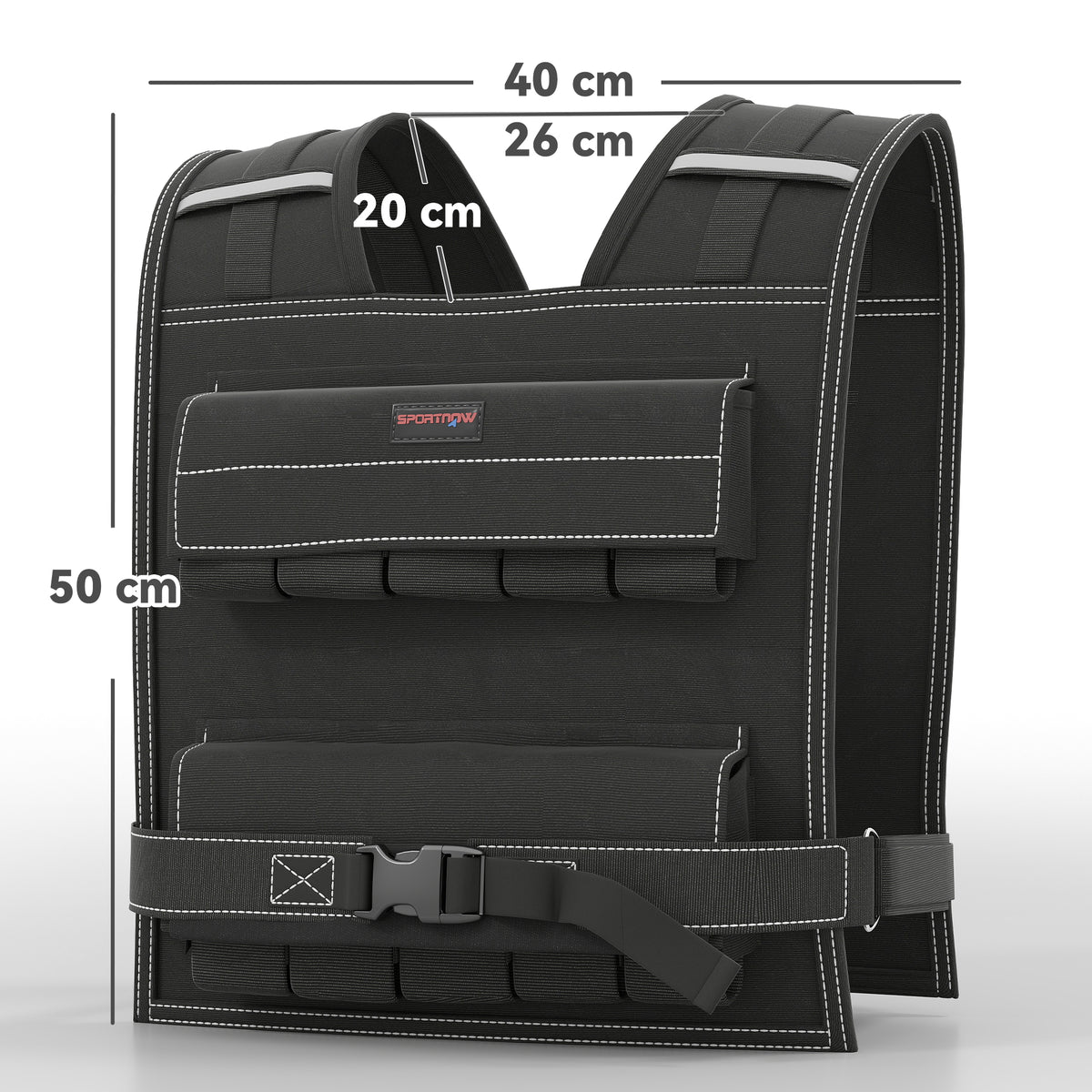 Gilet Zavorrato Regolabile 20kg con 20 Pesi, Gilet con Strisce Catarifrangenti, 50x40 cm, Nero