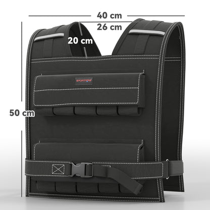 Gilet Zavorrato Regolabile 20kg con 20 Pesi, Gilet con Strisce Catarifrangenti, 50x40 cm, Nero