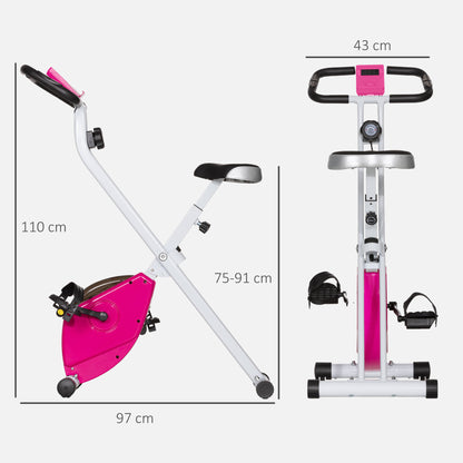 Cyclette Pieghevole Magnetica a 8 Livelli con Display LCD, Rotelle e Sellino Regolabile, Rosa e Bianco