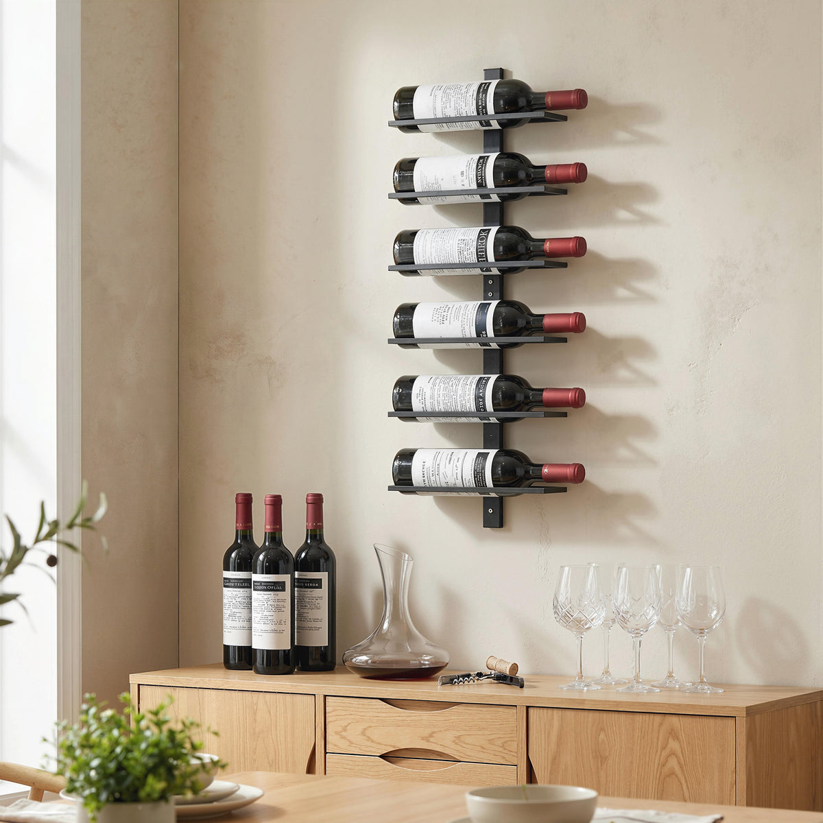 Portabottiglie da Parete in Acciaio per 6 Bottiglie di Vino, Cucina e Sala, 27x10x71 cm, Nero