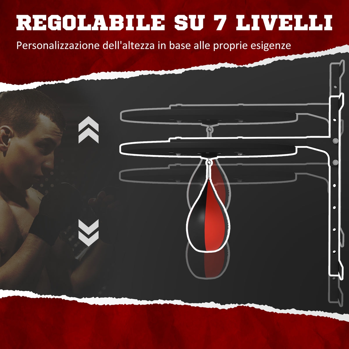 Punching Ball a Muro con Speed Bag Girevole a 360 e Regolabile su 7 Altezze, Nero e Rosso