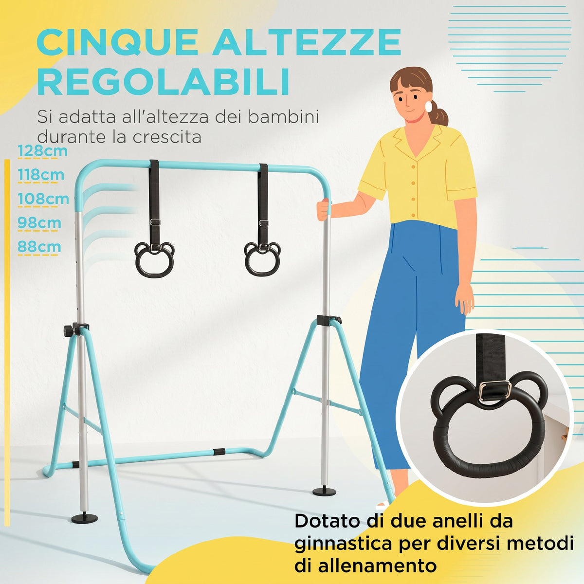 Sbarra Ginnastica Artistica per Bambini ad Altezza Regolabile con 2 Anelli, in Acciaio, Verde Chiaro